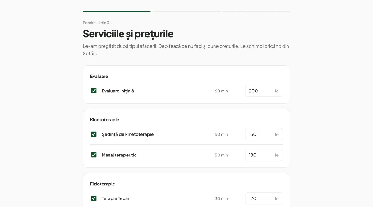 Primul pas de pornire, cu serviciile de kinetoterapie gata create
