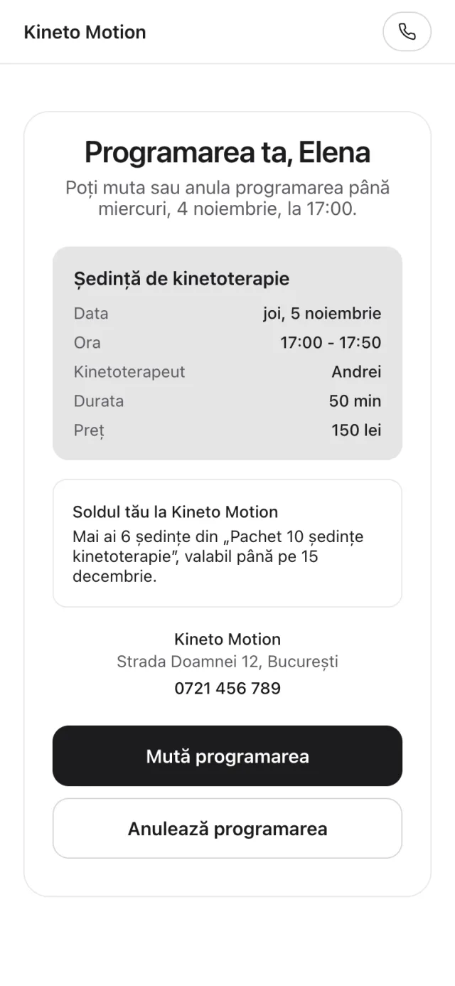 Pagina pacientului cu programarea și ședințele rămase din pachet